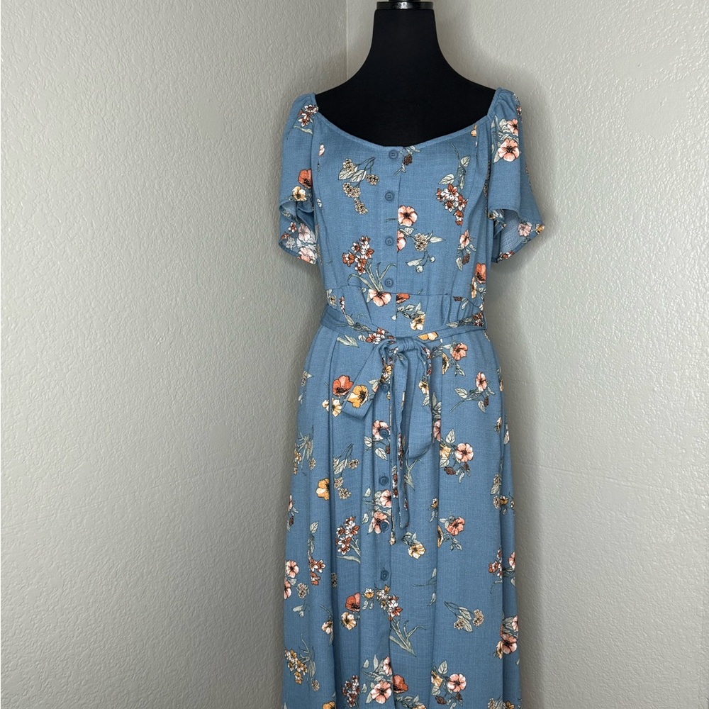 Blue Floral Off-the-Shoulder Maxi Sundress
